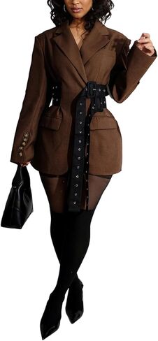 Vakkest Blazer Dress for Women Casual Long Sleeve Lapel Fall Coat Elegant Business Office Work Suit Jacket with Belt in Kuwait