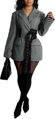 Vakkest Blazer Dress for Women Casual Long Sleeve Lapel Fall Coat Elegant Business Office Work Suit Jacket with Belt in Kuwait