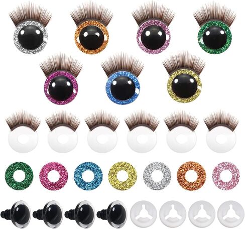 TOAOB 28pcs 12mm Safety Eyes Plastic Glitter Safety Eyes with Brown Eyelashes and Washers for Amigurumis 7 Colors Craft Crochet Eyes for DIY Puppet Bear Stuffed Animal Doll Making in Saudi Arabia