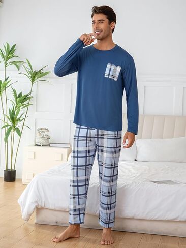 Navy Blue Men's Pajama Sets, Long Sleeve Pjs Set Blue-White Plaid Pants, Soft Pijamas Para Hombres in Saudi Arabia