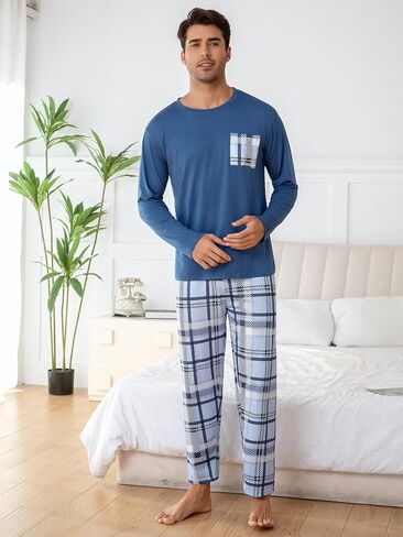 Navy Blue Men's Pajama Sets, Long Sleeve Pjs Set Blue-White Plaid Pants, Soft Pijamas Para Hombres in Saudi Arabia