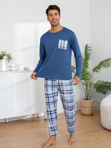 Navy Blue Men's Pajama Sets, Long Sleeve Pjs Set Blue-White Plaid Pants, Soft Pijamas Para Hombres in Saudi Arabia