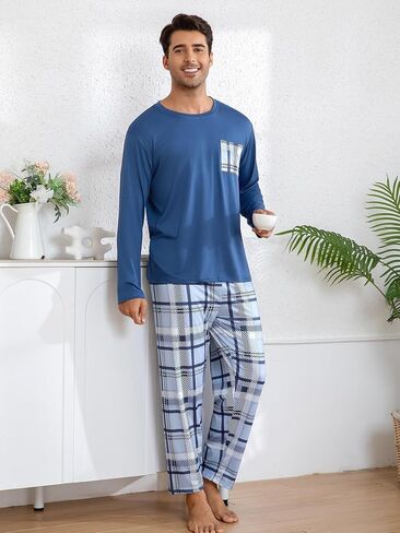 Navy Blue Men's Pajama Sets, Long Sleeve Pjs Set Blue-White Plaid Pants, Soft Pijamas Para Hombres in Saudi Arabia