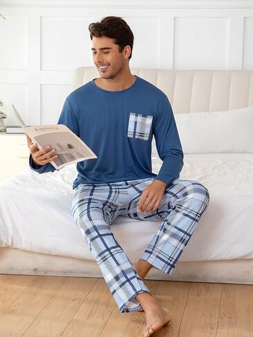 Navy Blue Men's Pajama Sets, Long Sleeve Pjs Set Blue-White Plaid Pants, Soft Pijamas Para Hombres in Saudi Arabia