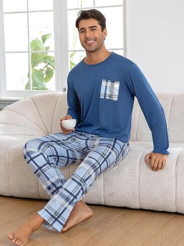 Navy Blue Men's Pajama Sets, Long Sleeve Pjs Set Blue-White Plaid Pants, Soft Pijamas Para Hombres in Saudi Arabia