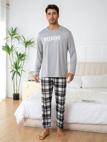 Light Gray Men's Pajama Set, Long Sleeve Pjs for Mens Plaid Pants, Casual Lounge Pj in Saudi Arabia