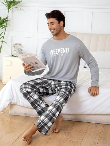 Light Gray Men's Pajama Set, Long Sleeve Pjs for Mens Plaid Pants, Casual Lounge Pj in Saudi Arabia
