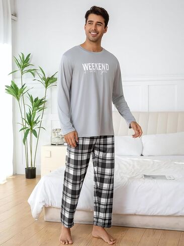 Light Gray Men's Pajama Set, Long Sleeve Pjs for Mens Plaid Pants, Casual Lounge Pj in Saudi Arabia