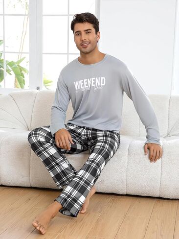 Light Gray Men's Pajama Set, Long Sleeve Pjs for Mens Plaid Pants, Casual Lounge Pj in Saudi Arabia