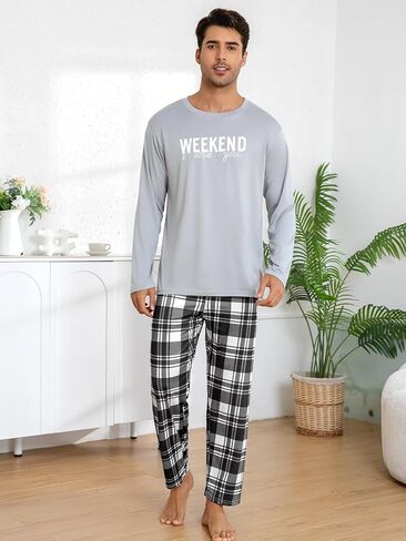 Light Gray Men's Pajama Set, Long Sleeve Pjs for Mens Plaid Pants, Casual Lounge Pj in Saudi Arabia