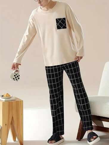 Men's Beige Long Sleeve Pajama Set (Black-Accent Top) & Black-White Plaid Pants Soft Home Loungewear in Saudi Arabia