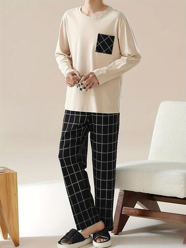 Men's Beige Long Sleeve Pajama Set (Black-Accent Top) & Black-White Plaid Pants Soft Home Loungewear in Saudi Arabia