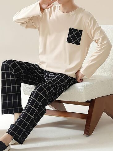 Men's Beige Long Sleeve Pajama Set (Black-Accent Top) & Black-White Plaid Pants Soft Home Loungewear in Saudi Arabia