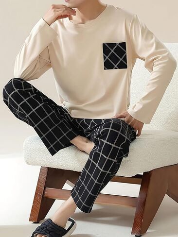 Men's Beige Long Sleeve Pajama Set (Black-Accent Top) & Black-White Plaid Pants Soft Home Loungewear in Saudi Arabia