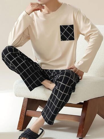 Men's Beige Long Sleeve Pajama Set (Black-Accent Top) & Black-White Plaid Pants Soft Home Loungewear in Saudi Arabia
