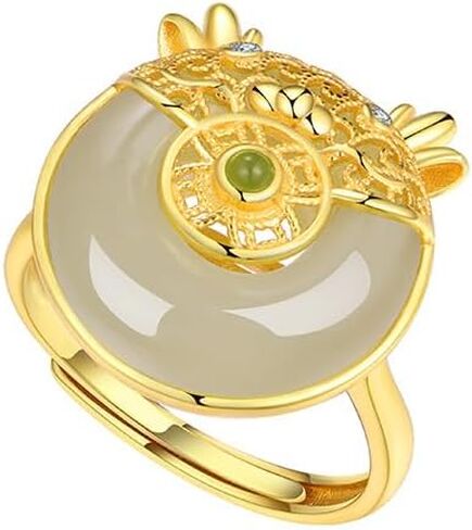 14K Gold over Sterling 925 Sliver Adjustable Natural Hetian Jade Adorable Dragon Ring, Open Design Chinese New Year Auspicious Jewelry, Lucky Charm Gift for Her in Saudi Arabia