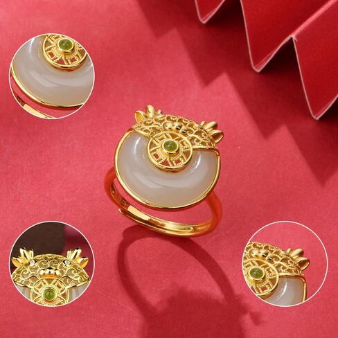 14K Gold over Sterling 925 Sliver Adjustable Natural Hetian Jade Adorable Dragon Ring, Open Design Chinese New Year Auspicious Jewelry, Lucky Charm Gift for Her in Saudi Arabia