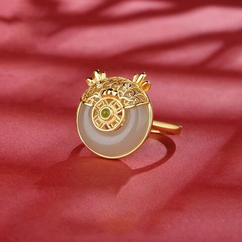 14K Gold over Sterling 925 Sliver Adjustable Natural Hetian Jade Adorable Dragon Ring, Open Design Chinese New Year Auspicious Jewelry, Lucky Charm Gift for Her in Saudi Arabia
