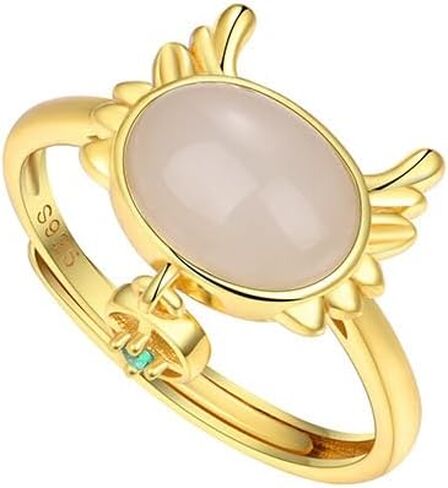 14K Gold over Sterling 925 Sliver Adjustable Natural Hetian Jade Adorable Dragon Ring, Open Design Chinese New Year Auspicious Jewelry, Lucky Charm Gift for Her in Saudi Arabia