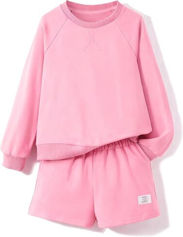 NEW 8-14Y Girls 2 Piece Outfits Crewneck Sweatshirt and Shorts Set Summer Lounge Clothes with Pockets in Saudi Arabia