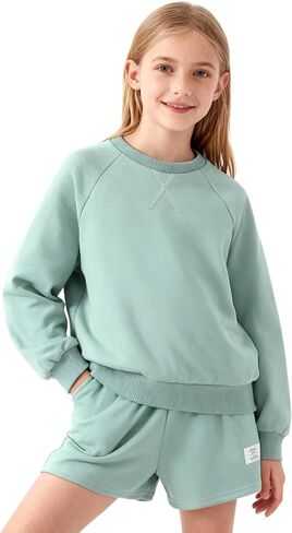 NEW 8-14Y Girls 2 Piece Outfits Crewneck Sweatshirt and Shorts Set Summer Lounge Clothes with Pockets in Saudi Arabia