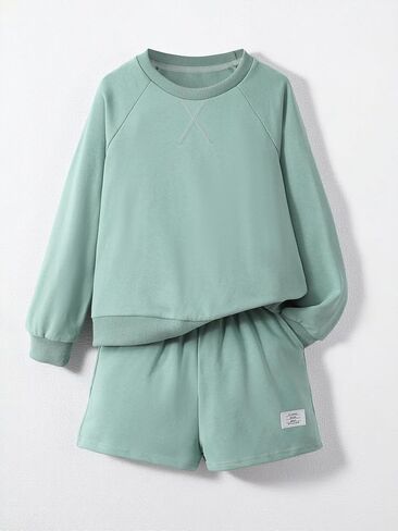 NEW 8-14Y Girls 2 Piece Outfits Crewneck Sweatshirt and Shorts Set Summer Lounge Clothes with Pockets in Saudi Arabia