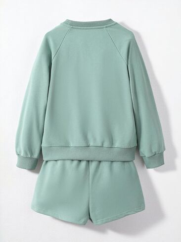 NEW 8-14Y Girls 2 Piece Outfits Crewneck Sweatshirt and Shorts Set Summer Lounge Clothes with Pockets in Saudi Arabia