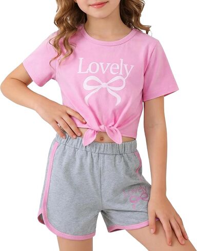 Jecson Girls Summer Outfits 2Pcs Kids Clothes Girls Tie Knot Front Tops T-Shirts and Casual Short Sets 5-12Y in Saudi Arabia