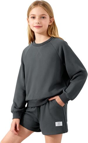 NEW 8-14Y Girls 2 Piece Outfits Crewneck Sweatshirt and Shorts Set Summer Lounge Clothes with Pockets in Saudi Arabia