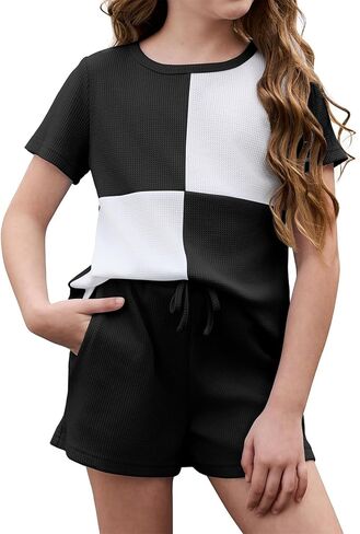 blibean Girls Summer Clothes Sets Kids Waffle Colorblock Outfits Size 6-15 Years in Saudi Arabia