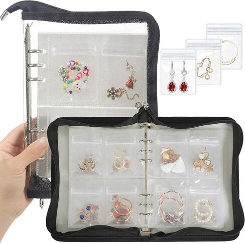 Jewelry Organizer Book Clear Travel earring book organizer Transparent Jewelry Book with Zipper Pouch Bags (Black,With 80 PCS Small Jewelry Bags) in Saudi Arabia