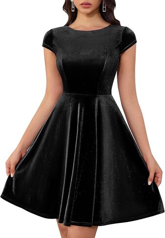 Dressystar Women's Velvet Dress Cocktail Party Formal Vintage Dress Cap Sleeve A-line 50s Retro Rockabilly Dress Prom Gown in Kuwait