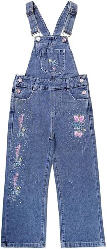 Peacolate 5-10years Little Big Girls Butterfly Embroidery Blue Denim Overalls in Saudi Arabia