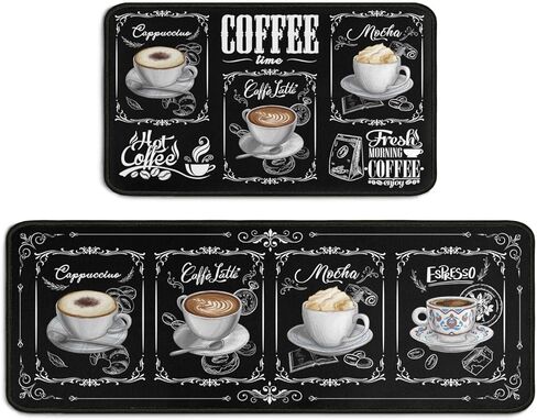 2 Piece Coffee Kitchen Decor Rug Set, Home Kitchen Sink Rugs and Mats Non Skid Washable Absorbent Microfiber Kitchen Floor Carpet 17"x47"+17"x30" in Saudi Arabia