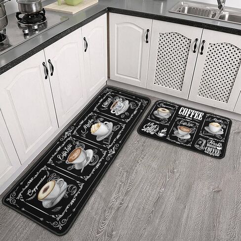 2 Piece Coffee Kitchen Decor Rug Set, Home Kitchen Sink Rugs and Mats Non Skid Washable Absorbent Microfiber Kitchen Floor Carpet 17"x47"+17"x30" in Saudi Arabia
