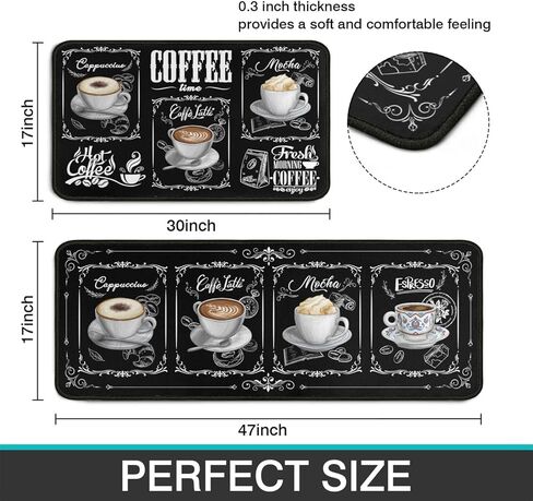 2 Piece Coffee Kitchen Decor Rug Set, Home Kitchen Sink Rugs and Mats Non Skid Washable Absorbent Microfiber Kitchen Floor Carpet 17"x47"+17"x30" in Saudi Arabia