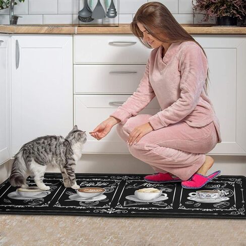 2 Piece Coffee Kitchen Decor Rug Set, Home Kitchen Sink Rugs and Mats Non Skid Washable Absorbent Microfiber Kitchen Floor Carpet 17"x47"+17"x30" in Saudi Arabia