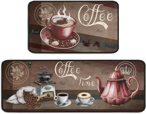 2 Piece Coffee Kitchen Decor Rug Set, Home Kitchen Sink Rugs and Mats Non Skid Washable Absorbent Microfiber Kitchen Floor Carpet 17"x47"+17"x30" in Saudi Arabia