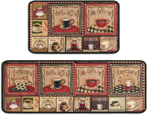 2 Piece Coffee Kitchen Decor Rug Set, Home Kitchen Sink Rugs and Mats Non Skid Washable Absorbent Microfiber Kitchen Floor Carpet 17"x47"+17"x30" in Saudi Arabia