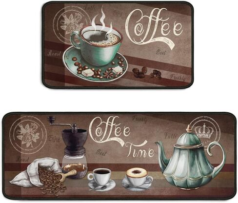 2 Piece Coffee Kitchen Decor Rug Set, Home Kitchen Sink Rugs and Mats Non Skid Washable Absorbent Microfiber Kitchen Floor Carpet 17"x47"+17"x30" in Saudi Arabia