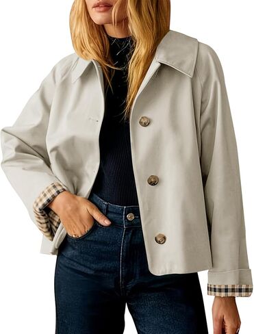 Flygo Womens Trench Coat Cropped Casual Jackets Oversized Button Down Long Sleeve Lapel Jacket Coats in Saudi Arabia