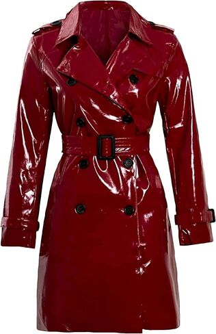 LIVEEVIL Double Breasted Shiny Glitter Patent Trench Coat Women Outdoor Fashion - Wet Look PVC Long Leather Jacket in Saudi Arabia