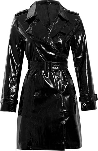 LIVEEVIL Double Breasted Shiny Glitter Patent Trench Coat Women Outdoor Fashion - Wet Look PVC Long Leather Jacket in Saudi Arabia