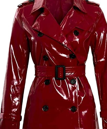 LIVEEVIL Double Breasted Shiny Glitter Patent Trench Coat Women Outdoor Fashion - Wet Look PVC Long Leather Jacket in Saudi Arabia