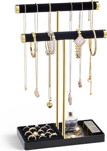 Lolalet 2-Tier Necklace Holder Display, Velvet Wrapped Bracelet Stand with Removable Ring Tray, Jewelry Organizer Rack for Bangles Watches Scrunchies Earrings, Gift for Girls Women -White in Saudi Arabia