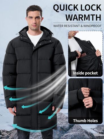 Mens Long Winter Coats Lightweight Puffer Jacket Warm Insulated Waterproof Winter Jacket With Hooded in Saudi Arabia