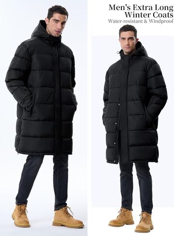 Mens Long Winter Coats Lightweight Puffer Jacket Warm Insulated Waterproof Winter Jacket With Hooded in Saudi Arabia