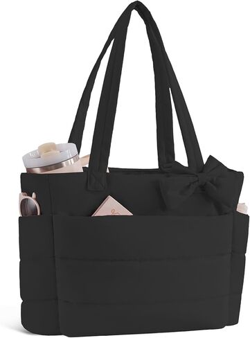 Puffer Tote Bag for Women, Quilted Bow Tote Bag with Cup Holder & 15.6 In Laptop Compartment for Work, Travel, Gym, College in Saudi Arabia