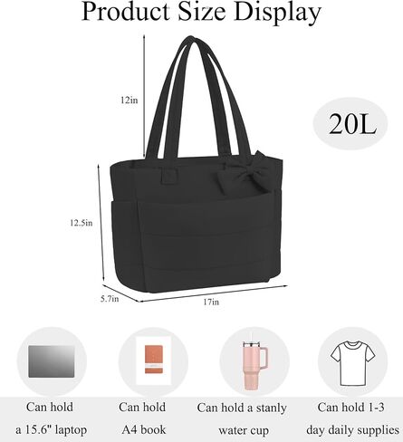 Puffer Tote Bag for Women, Quilted Bow Tote Bag with Cup Holder & 15.6 In Laptop Compartment for Work, Travel, Gym, College in Saudi Arabia