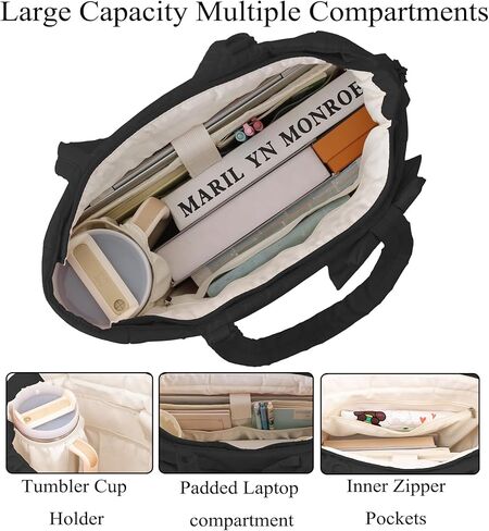 Puffer Tote Bag for Women, Quilted Bow Tote Bag with Cup Holder & 15.6 In Laptop Compartment for Work, Travel, Gym, College in Saudi Arabia